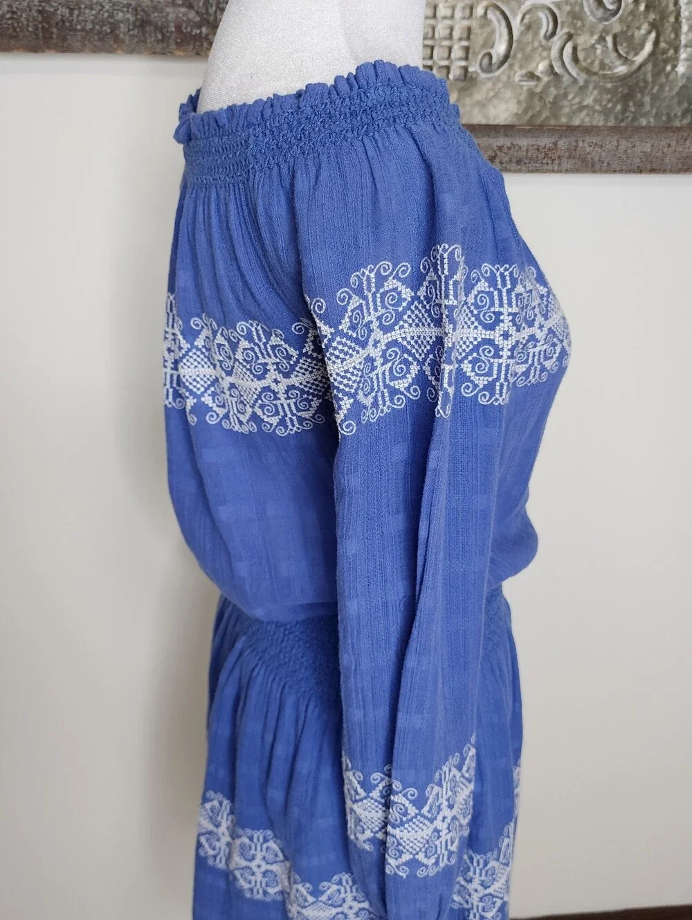 Tory Burch Blue Cotton Off-Shoulder Embroidered Women’s Smocked Mini Dress XS